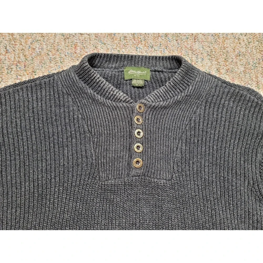 Eddie Bauer Sweater Men XL Grey Henley Chunk Knit Fisherman Outdoors Heavy USA - Picture 2 of 14